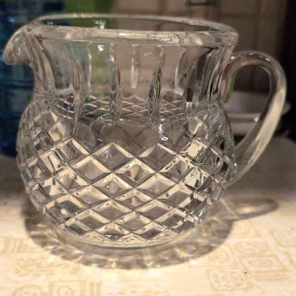 Teleflora Heavy Lead Crystal Squat Pitcher Basket Weave Diamond Cut